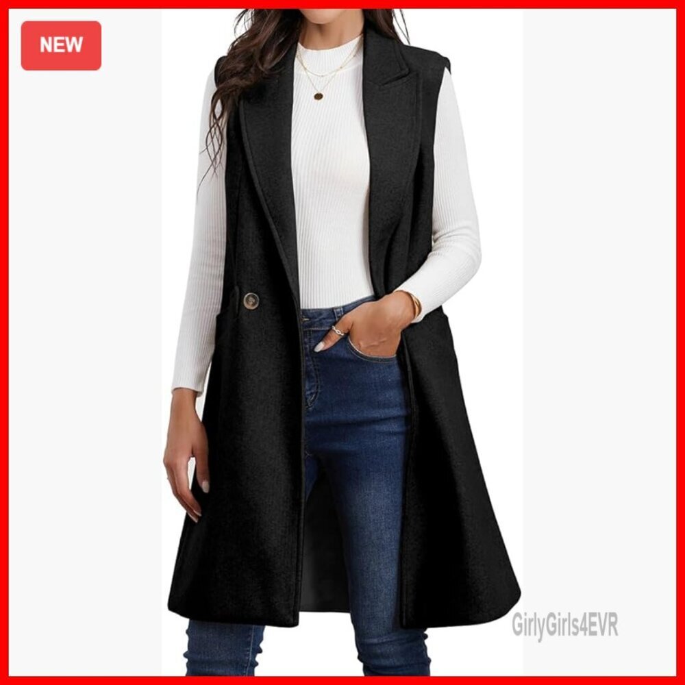 Wool Blend Long Vest Sleeveless Blazer with Pockets Knee Length